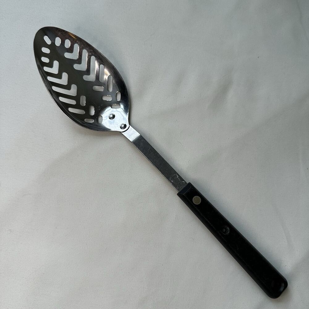 Vtg EKCO Forge Stainless 11” Slotted Serving Spoon Black Handle USA Strainer